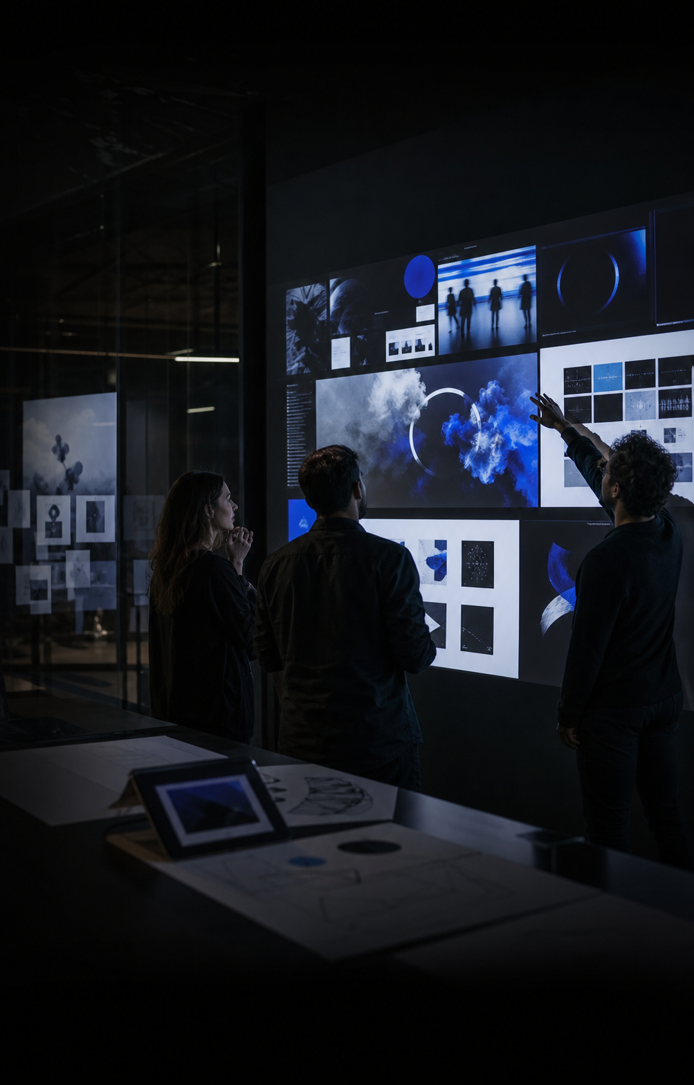Creative team shaping a visual direction in a dark design studio