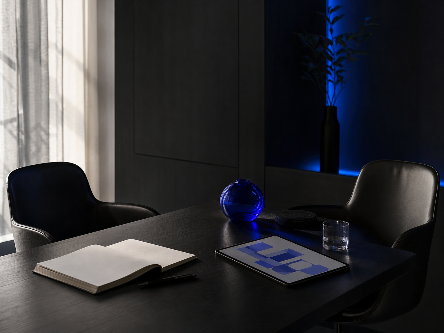 A refined creative meeting space prepared for a new collaboration