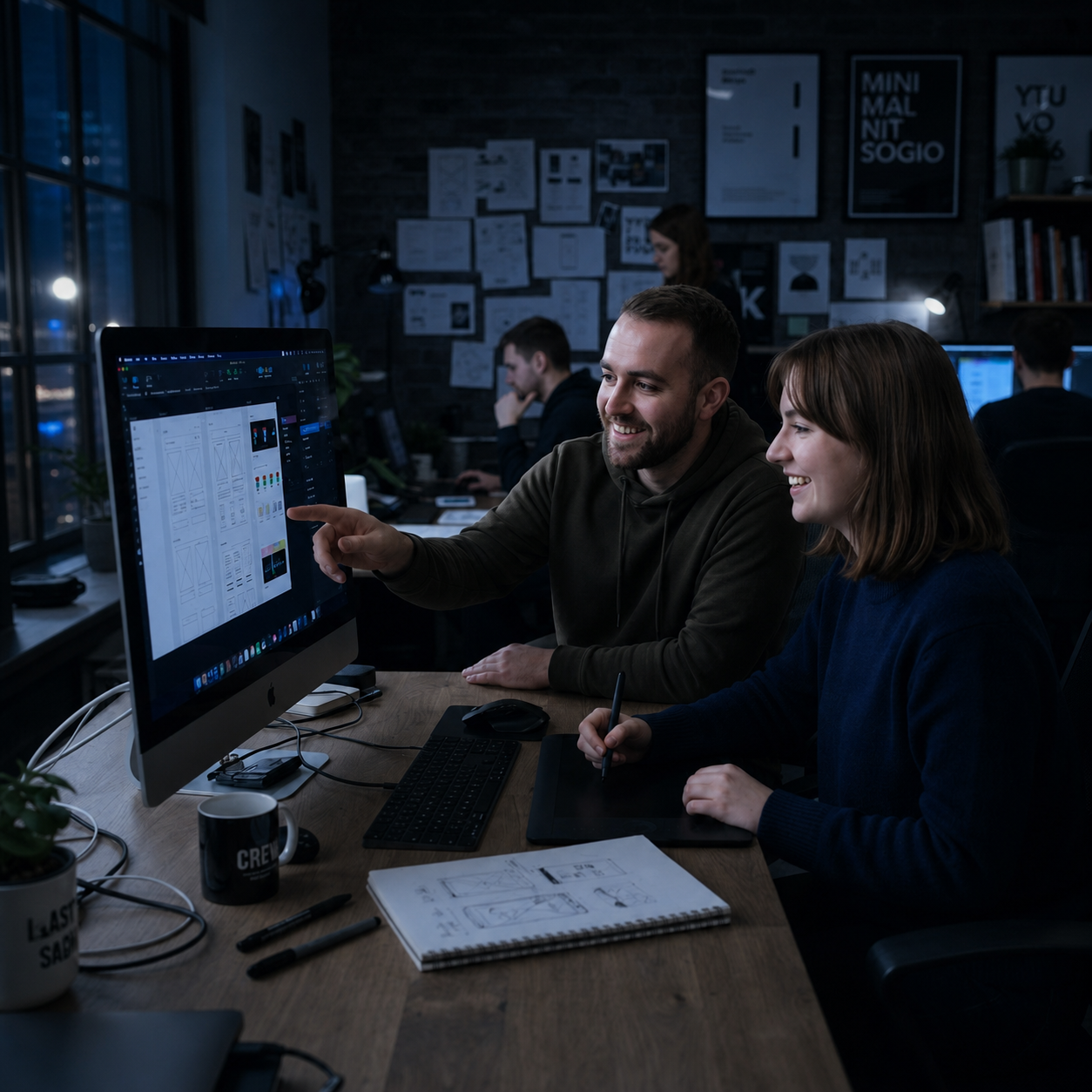 Creative team collaborating on a digital interface in a dark blue-lit studio